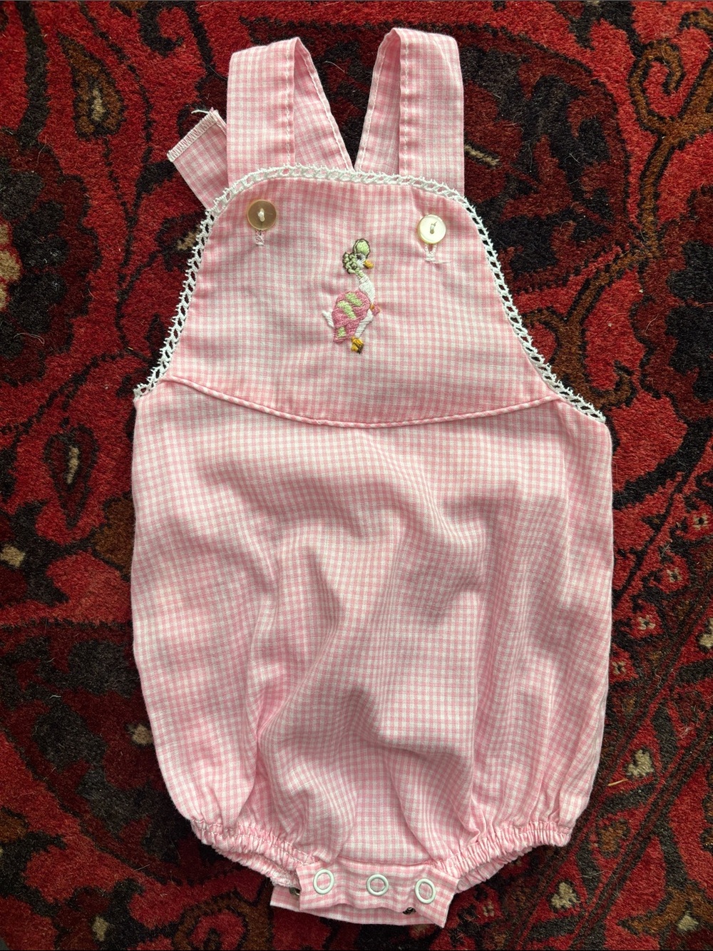 Pink Gingham Baby Girl Romper with goose Embroidery